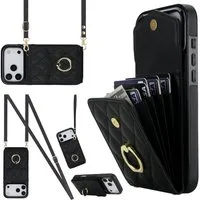 Wigento Handyhülle Für Apple iPhone 17 Pro Crossbody Kunstleder Rhombic Hülle Schwarz, Mit Kartenfächern, RFID-Schutz, Gurt