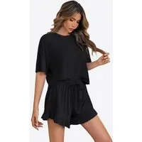 Imily Bela Hausanzug Damen Weich & Atmungsaktiv Pyjama Set 2-teilig (Set, 2 tlg., Hausanzug mit Crop-Top & Rüschen-Shorts) elastischer Taillenbund mit Kordelzug