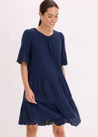 bonprix Kleid aus Musselin mit Lochstickerei, blau, Gr.52, Ein tolles Piece für den Sommer, aus 100% Baumwolle,Musselin
