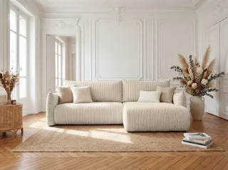 Ecksofa Schlafsofa MAILAND in Stoff Tilia Ecru Ottomane Rechts