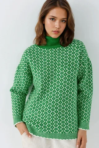Langer Rollkragenpullover mit geometrischem Muster und geripptem Stoff
