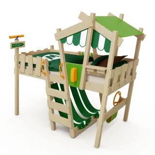 Hochbett CrAzY Hutty Massivholz Kinderbett mit Dach 90x200 cm - Spielbett Abenteuerbett platzsparend inkl. Zubehör - Spiel- und Schlafbereich Wickey