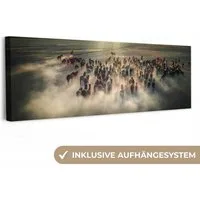 OneMillionCanvasses® Leinwandbild Panorama Pferde - Natur - Nebel - Wildtiere, Fotodruck (1 St), Wandbild, Deko Schlafzimmer Wohnzimmer Flur 60x20 cm