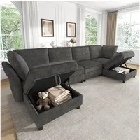 Merax Ecksofa mit 2 Stauraum-Hockern, modulares U-/L-Sofa aus Chenille, 289 × 137 × 84 cm 1 Teile, 6-Sitzer-Sofa mit 2 Kissen, frei kombinierbares Couch in Cloud-Design