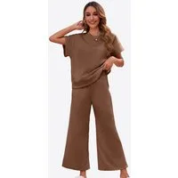Imily Bela Hausanzug Damen Loungewear-Sets (Set, 1 tlg., Kurzarmtops + Cropped-Hosen mit weitem Bein) einfarbig