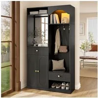 Merax Kompaktgarderobe mit Spiegel & Sitzbank (100 x 35 x 180 cm, 1-St) Garderoben-Set Flurgarderobe mit Schuhschrank, Haken & Stauraum