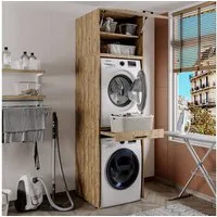 Roomart Waschmaschinenumbauschrank Waschplatz für Waschmaschine & Trockner mit Ausziehbrett & Hochschrank (Waschmaschinenschrank für Trockner und Waschmaschine Überbauschrank)