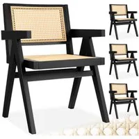 tectake Esszimmerstuhl Armlehnstuhl im Boho-Stil, 59 x 56,5 x 82,5 cm, Belastbarkeit 120 kg (Sessel Lissy in schwarz, 4 St), große Rückenlehne und Sitzfläche mit Wiener Geflecht, Holzgestell