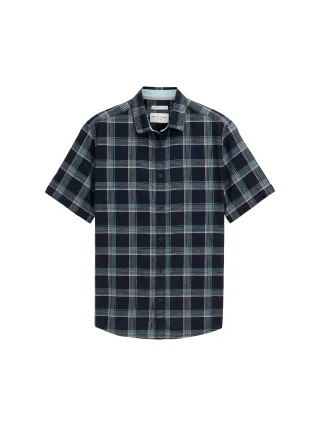 Tom Tailor - Regular Fit Kurzarmhemd mit Leinenanteil navy turquoise check - Gr. - L