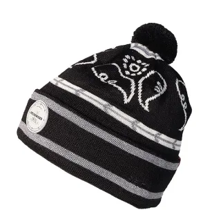 Frauen-Feuerwehrmütze | SEIZ | STRICKMÜTZE HERZBLUT | black | Beanie mit Bommel | Fleecebandeinsatz | Patch mit HERZBLUT und Feuerwehr-Frau | one size