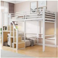 Flieks Hochbett Einzelbett Kinderbett Metallbett 90x200cm mit Stauraumtreppe