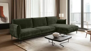 Ecksofa Designersofa MADISON XL in Stoff Dress Me Grün Ottomane Rechts