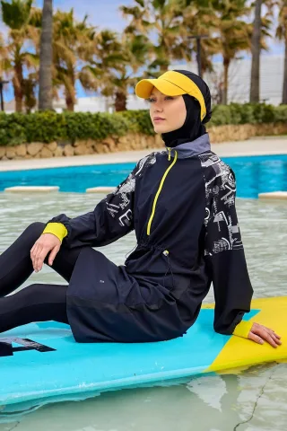 Schwarzer, vollständig bedeckender, bescheidener Burkini mit Ärmeldetail