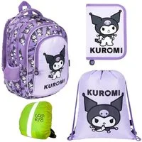 GOLDKIDS Schulranzen für Jungen und Mädchen, 4er-Set - (Schul-Rucksack für Kinder mit Federmäppchen -, Schuhbeutel und Regenschutz), - Kuromi Motiv