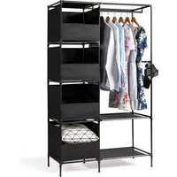 HT Stoffschrank Kleiderschrank aus Vliesstoff, 170x102x42,5cm 4-stufiger zweireihiger Hängeschrank mit Vorhängen und Ablagefächern
