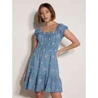 Apricot Minikleid Denim Blumen-Stickerei Kleid mit Blumenstickerei