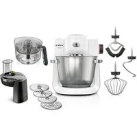 BOSCH Küchenmaschine Serie 6 MUMS6EW24D, Durchlaufschnitzler, Edelstahlschüssel, weiß, 1600 W, 5,5 l Schüssel, Durchlaufschnitzler, XL-Edelstahlschüssel, Patisserie-Set, made in EU