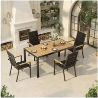 HOMALL Garten-Essgruppe 150/180cm Holzoptik Aluminiumtisch und Gartenstühle mit Holzarmlehnen, (5-tlg), Stapelbare Gartenstühle bis 160kg, rostfreier Aluminiumtisch bis 100kg