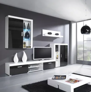Wohnwand Schrankwand 4 tlg. YORK Schwarz-Weiss HGL mit LED-Beleuchtung