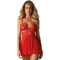 Obsessive Negligé Babydoll und Tanga mit Spitze Negligé inkl- String-Tanga - rot (2-tlg) transparent