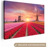 OneMillionCanvasses® Leinwandbild Blumen - Tulpen - Blumenfeld - Mühlen - Holland, Fotodruck (1 St), Leinwand Bilder Klein, Wand Dekoration Aesthetic 30x20 cm
