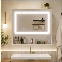 Flieks Badezimmerspiegelschrank Spiegelschrank mit Doppeltür, Ein-Knopf-Entfeuchtung, LED-Beleuchtung (80x17x70 cm, 1-St., Entnebelungsfunktion, Helligkeit einstellbar, Soft-Close-Funktion) Badezimmerschrank mit verstellbare Einlegeböden Wandschrank