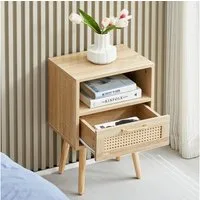 HAUSS SPOLE Nachttisch mit Schublade und Massivholzbeinen,Beistelltisch Rattangeflecht,Natur (Nachtkonsole mit Schubladenführungen für mühelosen Zugriff), Wohnzimmerschrank mit unverwechselbare handgefertigte Struktur