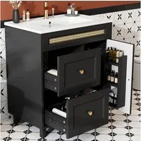 Flieks Waschtisch Massivholzfüße, Rattan-Dekorationen und verstellbare Einlegeböden (Waschbeckenunterschrank inkl. Waschbecken, bodenstehend, 1-St., B76/T46/H86,5 cm), Badmöbel-Set Badzimmerschank mit 2 Schubladen und Türablagen Schwarz