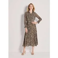 MADELEINE Maxikleid Druckkleid mit Leo-Muster Midikleid mit Hemdkragen, Bindeband, Knöpfen, Wadenlänge und Langarm