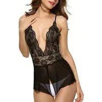 Lovolotti Body-Ouvert Sexy Babydoll aus Spitze mit tiefem Ausschnitt transparent elegantes Damen Dessous Nachtwäsche