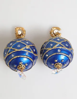 Goldene Messing Blaue Weihnachtsball Kristall Tropfen Clip-On Ohrringe