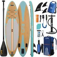 CFB SUP-Board Set 320x84x15 cm extra breit, Bis zu 160 kg, aufblasbar Stand Up Paddle Board, (iSUP Komplett-Set, 12 tlg., mit Alu Paddel, Pumpe, Rucksack, Leash, 5L Dry Bag und Schultergurt), Paddleboard aufblasbar für Anfänger & Erwachsene