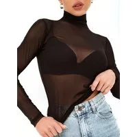Elegant Love Langarmshirt Damen Mesh-Shirt, transparent, langärmelig, mit Stehkragen Ausgeh-Oberteil für Party und Club – Durchsichtiges Shirt