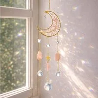 Karmandala Dekohänger Sonnenfänger mit Kristall Regenbogen Lichtspiel, echte Rosenquarz Edelsteine, spirituelle Boho Deko