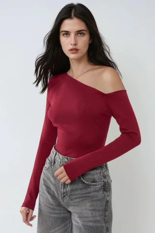 Asymmetrisches Hals Langarm Slim Fit Oberteil