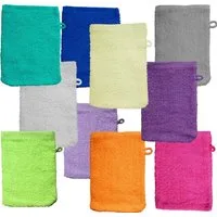 KH-Haushaltshandel Waschhandschuh Waschhandschuh Frottier, versch.Farben sortiert, 100%Baumwolle, (Sparset, 10-St), Aufhängekordel