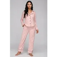 Mademoiselle Sommeil Pyjama Damen Schlafanzug in Rosa mit Herzprint aus 100% Baumwolle Langarm & lange Hose, Knopfleiste & Taschen, gefertigt in Polen
