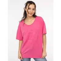 Zwillingsherz Kurzarmshirt Oversized Shirt Stempeldruck "Moin" Kurzarm, tiefer Rundhalsausschnitt, Schriftzug, Baumwollmischung