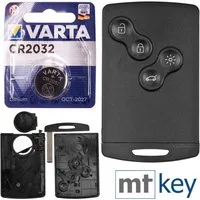 mt-key Auto Schlüssel Karte 4 Tasten + Notschlüssel Rohling + VARTA CR2032 Knopfzelle, CR2032 (3 V), für Renault Clio Captur Laguna III Koleos Funk Fernbedienung