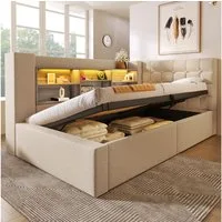 STILVORA Polsterbett 90x200 Schlafsofa mit bettfunktion und bettkasten Tagesbett Beige (Struraumbett, Funktionsbett, L-förmigem Kopfteil mit Stauraum, beidseitig montierbar), Hydraulisches Bett mit LED-Beleuchtung & USB/Type-C Ladestation