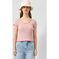 QS Kurzarmshirt T-Shirt Rippshirt mit Spitzenkante