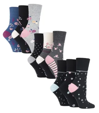 9 Paar Multipack Ladies Cotton Crew Non Elastic Socks | Gentle Grip | Womens Soft Top Striped Patterned Non Binding Socks - Floral Spot