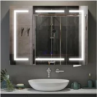 H.yeed Spiegelschrank Bad mit Beleuchtung und Steckdose, Verstellbares Regal, Entfogging-Funktion, Wandmontage
