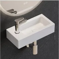 HOROW Waschbecken Mini Hänge-/Aufsatzwaschbecken mit Hahnloch für Bad /Gäste-WC (mit Hahnloch Rechts/Links, Eckig Weiß Waschbecken 37 x 18 x 9 cm), aus Keramik, einfach Montage