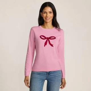 Feinstrick-Weihnachtspullover Schleife für Damen, Damen, size: regular, Grün, Baumwolle/Polyester/Metall, by Lands' End