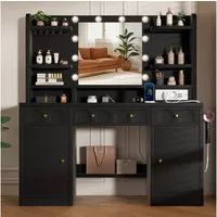 Lexzurn Schminktisch Schminktisch mit LED-Beleuchtung, großem hochauflösendem Spiegel (mit Steckdose und USB-Ports,10 offene Fächer,3 Schubladen, 2 Schränke,5 Schmuckhaken,10 LED-Leuchten, 3 Lichtfarben), Maße: 107 × 40 × 140 cm. Leise laufende Schie
