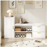 Merax Schuhbank Hochglanz in Weiß, mit gepolsterter Sitzfläche & verstellbaren Böden (Schuhregal für Flur oder Wohnzimmer, 1-St., 128×30×68 cm), Schuhschrank mit 2 Schubladen, 1 Schrank & 2-stöckigem Schuhregal