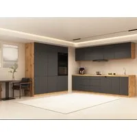 ROYAL24_MARKT Küchenzeile - KL16-M320 - Nexa Grau / Beige / Woodline Matt, (Komplett Set), Top Materialien - Zeitloser Stil - Beste Verarbeitung