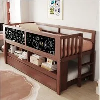 Merax Kinderbett 90x200cm mit Ausziehbett (1-tlg), Massivholz Hausbett Gästebett Jugendbett mit Tafel, Leiter & Stauraum