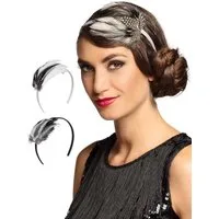 Boland Kostüm Flapper Haarreif schwarz & weiß - Faschingskostüm, Zwei Haarreifen mit Federschmuck